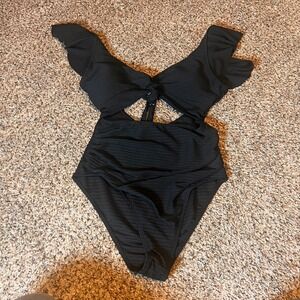 Black One Piece Swimsuit Cut‎ Out Ruffle Sleeves Swimwear Size L
